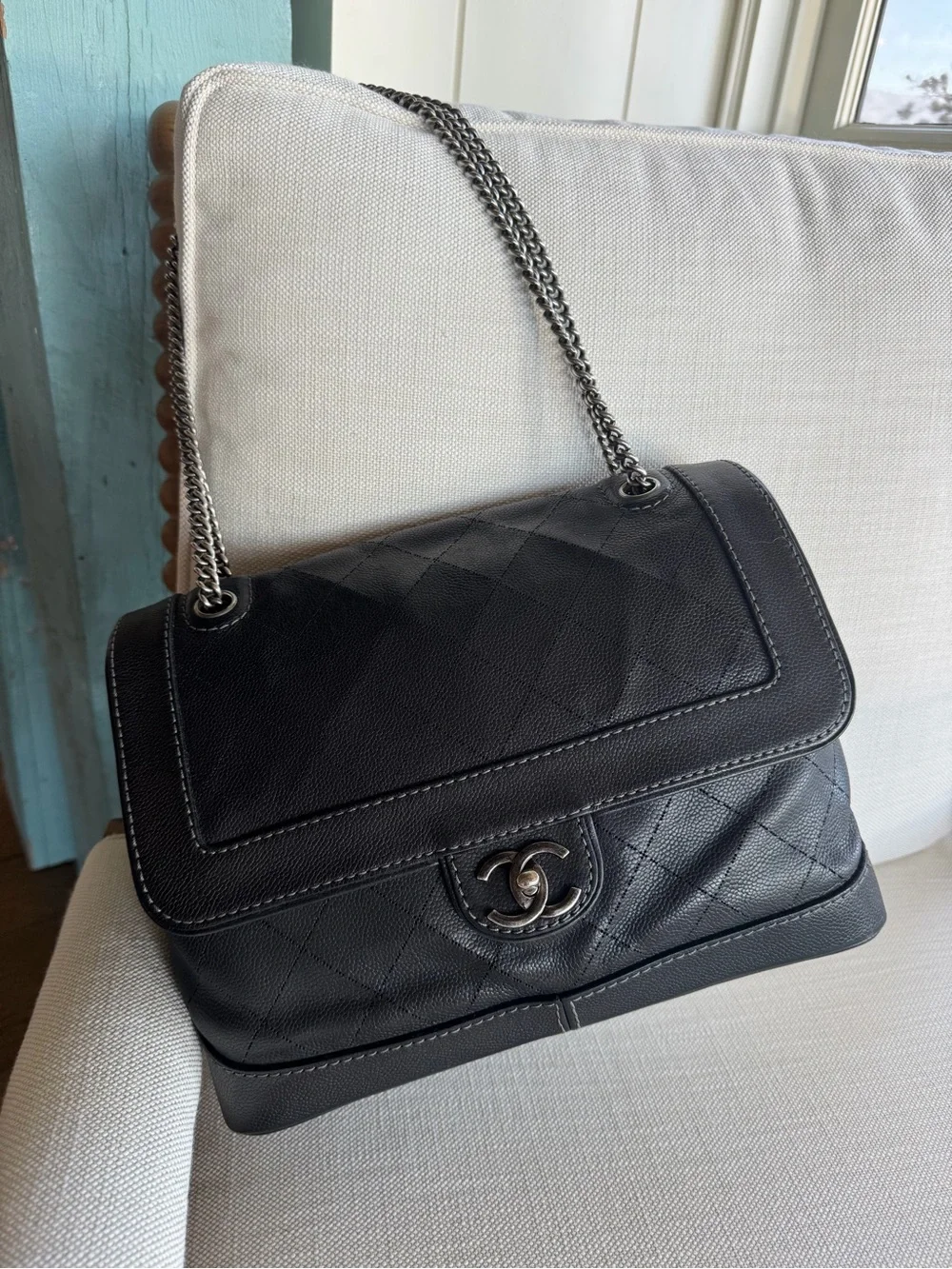 CHANEL Vintage Jumbo Single Flap Turnlock Black Caviar 2-Way Bag + COA
